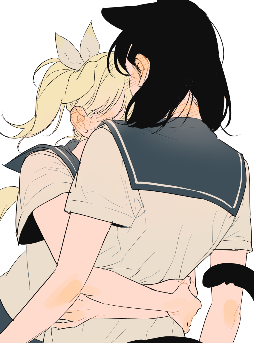 0820_lakia 2girls absurdres animal_ears black_hair blonde_hair blue_sailor_collar blush cat_ears cat_girl cat_tail commentary_request dog_ears dog_girl dog_tail ear_blush highres hug korean_commentary multiple_girls neck_blush original ponytail sailor_collar shirt simple_background tail white_background white_shirt yuri