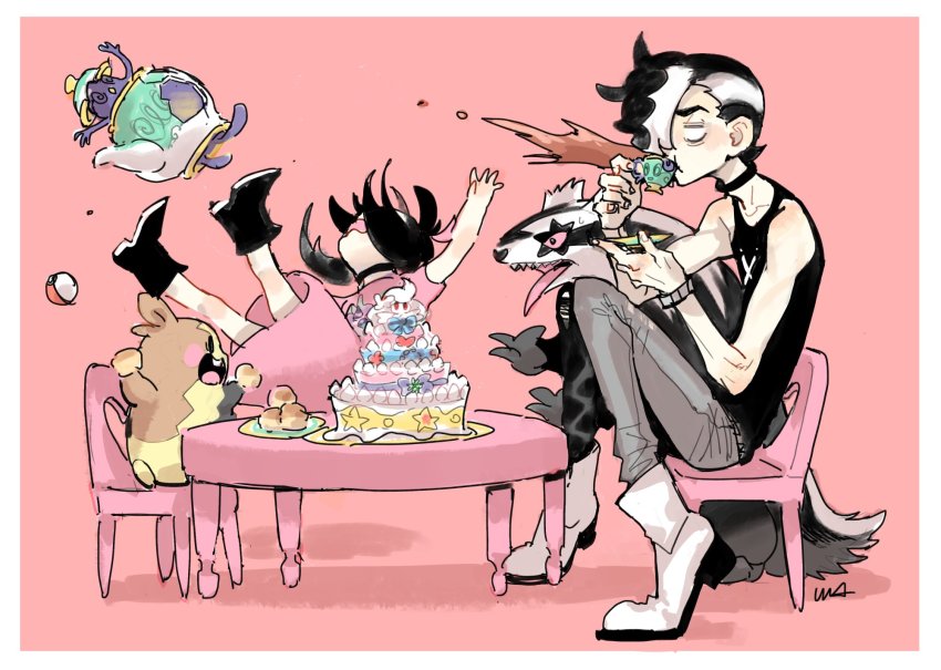 1boy 1girl aged_down alcremie black_footwear black_hair black_shirt boots border brother_and_sister cake chair commentary_request cup dress dynamax falling food galarian_form galarian_linoone galarian_ponyta gen_8_pokemon gigantamax gigantamax_alcremie hair_ribbon highres holding holding_cup holding_saucer marnie_(pokemon) morpeko morpeko_(full) multicolored_hair nintendo pants piers_(pokemon) pink_dress pink_ribbon poke_ball poke_ball_(basic) pokemon pokemon_(creature) pokemon_swsh polteageist ribbon saucer shirt siblings sinistea sitting sketch sleeveless sleeveless_shirt spit_take spitting table tea tripping two-tone_hair usakomu_(komugiko) white_border