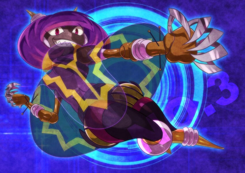 1girl black_cape bob_cut breasts cape character_name claws commentary_request dark-skinned_female dark_skin dynatron_(mighty_no._9) electricity full_body grin hand_up highres horns joints light_bulb looking_at_viewer medium_breasts mighty_no._9 no_feet outstretched_hand purple_hair red_eyes robot robot_girl robot_joints see-through_body see-through_cape sharp_teeth short_hair smile solo takenokonoko teeth thighs two-tone_cape variant_set very_dark_skin yellow_cape yellow_horns