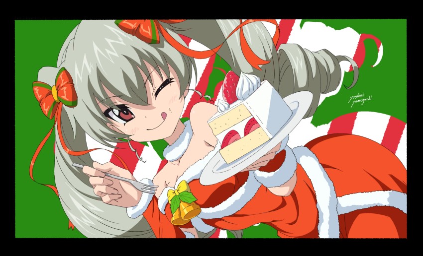 1girl ;q alternate_costume anchovy_(girls_und_panzer) bare_shoulders bell black_border border bow cake christmas closed_mouth commentary_request detached_sleeves dress drill_hair dutch_angle food food_on_face fork fruit fur-trimmed_dress fur-trimmed_sleeves fur_collar fur_trim girls_und_panzer green_hair hair_bow hair_ribbon highres holding holding_fork holding_plate long_hair looking_at_viewer one_eye_closed partial_commentary plate red_bow red_dress red_eyes red_ribbon red_sleeves ribbon santa_costume santa_dress smile solo strapless strapless_dress strawberry tongue tongue_out twin_drills twintails yamaguchi_yoshimi