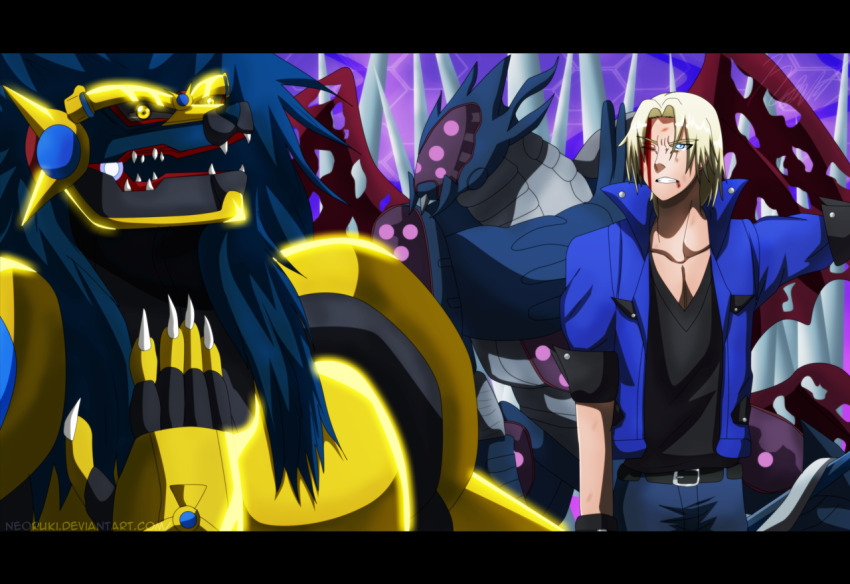 aonuma_kiriha apollomon apollomon_whispered corruption cyberdramon_(digimon_xros_wars) digimon digimon_(creature) digimon_xros_wars lion_boy sharp_teeth teeth wings