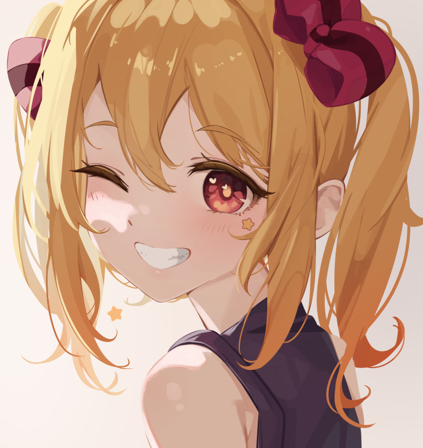 1girl ;) absurdres bare_shoulders blonde_hair chloe_(trickcal) commentary facial_mark hair_between_eyes hair_ribbon heart heart_in_eye highres light_blush looking_at_viewer mawe127 medium_hair one_eye_closed portrait red_eyes red_ribbon ribbon sidelocks simple_background smile solo star_(symbol) star_facial_mark symbol_in_eye trickcal white_background