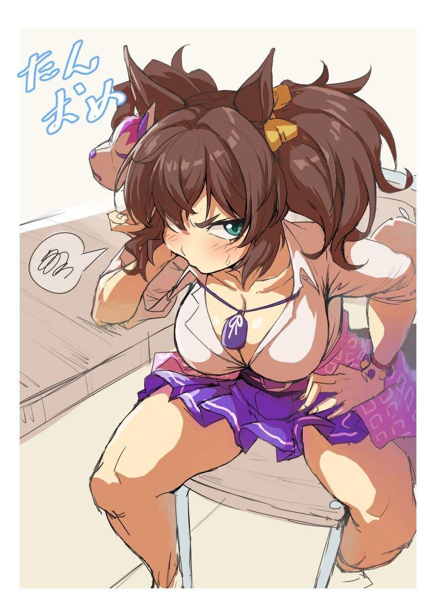 1girl absurdres angry animal_ears blush bracelet breasts brown_hair character_request cleavage collarbone copyright_request elbows_on_table fox_mask green_eyes hair_ornament hand_on_own_thigh hekahire_isurus highres jewelry large_breasts legs_apart looking_at_viewer mask purple_skirt sitting skirt sweat sweatdrop tagme twintails