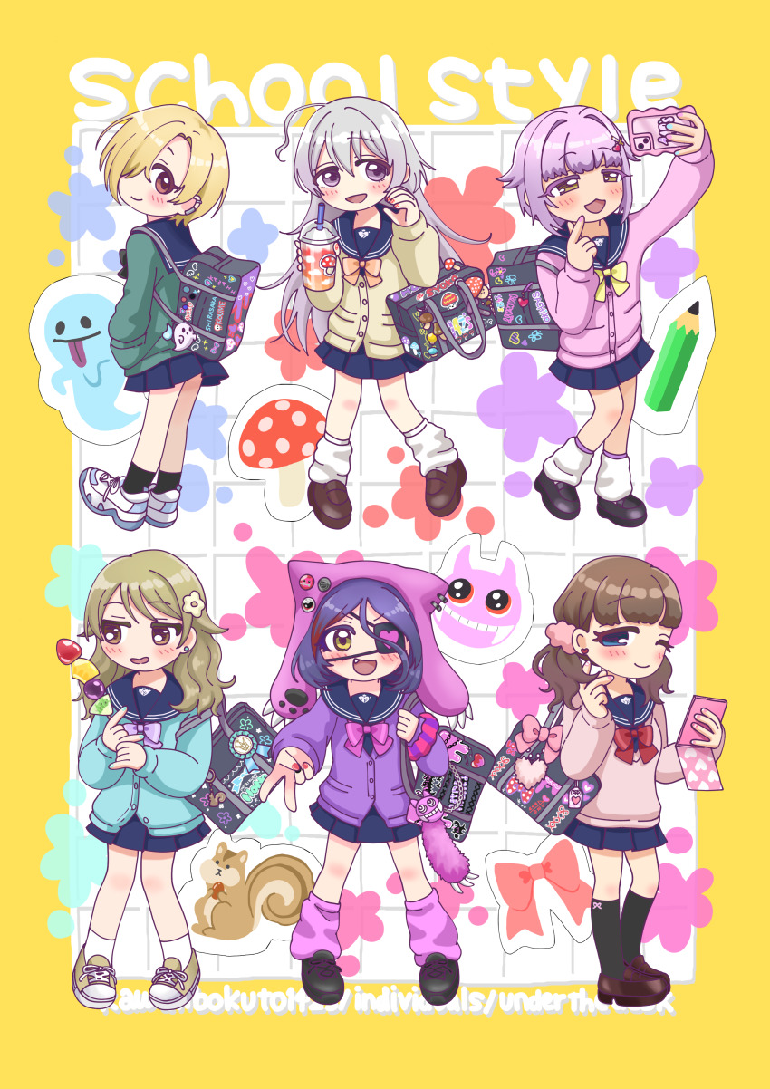 6+girls :d ;) absurdres ahoge aqua_cardigan bag black_socks blonde_hair blue_skirt blush border brown_hair cardigan cellphone charm_(object) commentary_request cup disposable_cup eyepatch fang full_body ghost green_cardigan grey_hair gyaru half-heart_hands hayasaka_mirei highres holding holding_phone hoshi_syoko idolmaster idolmaster_cinderella_girls individuals_(idolmaster) kawaii_boku_to_142&#039;s_(idolmaster) kinoko_harem_(idolmaster) kogal koshimizu_sachiko looking_at_viewer loose_socks miniskirt morikubo_nono multiple_girls mushroom nyachtan_yan one_eye_closed open_mouth pencil phone pink_cardigan pink_sweater pleated_skirt purple_cardigan purple_hair purple_socks red_ribbon ribbon sakuma_mayu school_bag school_uniform serafuku shirasaka_koume shoes skirt smile sneakers socks squirrel sweater tanghulu under_the_desk_(idolmaster) v white_socks yellow_border yellow_cardigan
