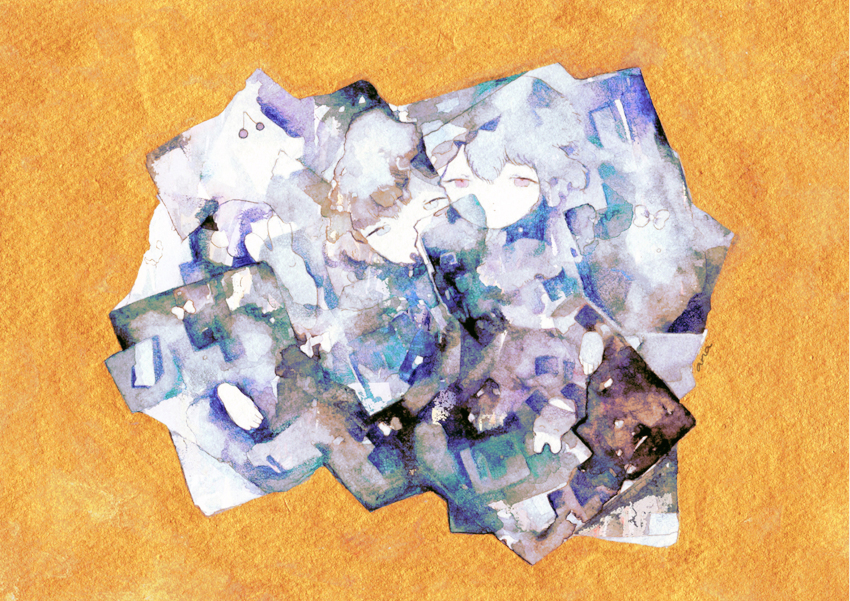 2girls abstract absurdres highres looking_at_viewer multiple_girls original painting_(medium) pink_eyes short_hair signature traditional_media tsukamoto_anabone watercolor_(medium) white_hair