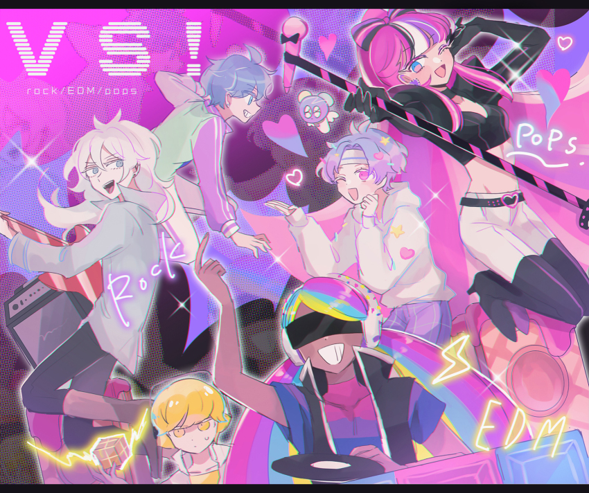 2girls 4boys blonde_hair blue_hair cookie_run cookie_run:_ovenbreak dj dj_cookie electric_guitar english_text from_side guitar high_ponytail highres hime_cut humanization instrument lemon_cookie lightning_bolt_symbol long_hair mamimumemo multicolored_hair multiple_boys multiple_girls one_eye_closed pants pink_hair ponytail popping_candy_cookie purple_hair rainbow_hair rockstar_cookie shining_glitter_cookie short_hair spearmint_cookie two-tone_hair very_long_hair white_hair white_pants