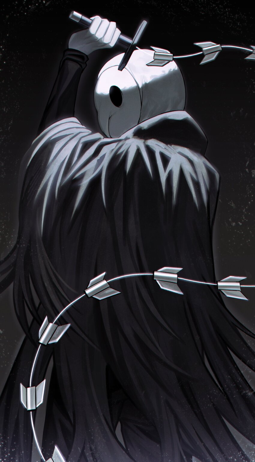 1boy absurdres animal_head arm_up asdf1211950 black_cape black_pants black_shirt black_souls black_souls_2 cape cowboy_shot highres holding holding_whip light_particles long_sleeves lorde_(black_souls) owl_boy pants shirt solo weapon whip_sword