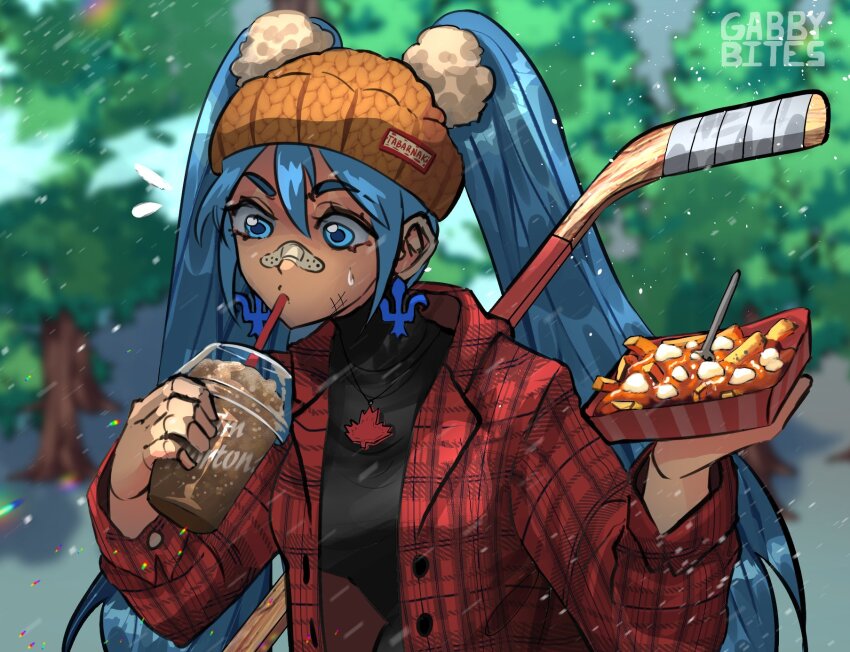 1girl artist_name bandaid bandaid_on_face bandaid_on_nose black_shirt blue_eyes blue_hair blurry blurry_background canada drink drinking drinking_straw earrings food gabbybites hatsune_miku highres hockey_stick holding holding_drink holding_food jewelry leaf long_hair maple_leaf necklace outdoors plaid_clothes plaid_shirt poutine red_shirt shirt snow solo tree twintails upper_body vocaloid worldwide_miku