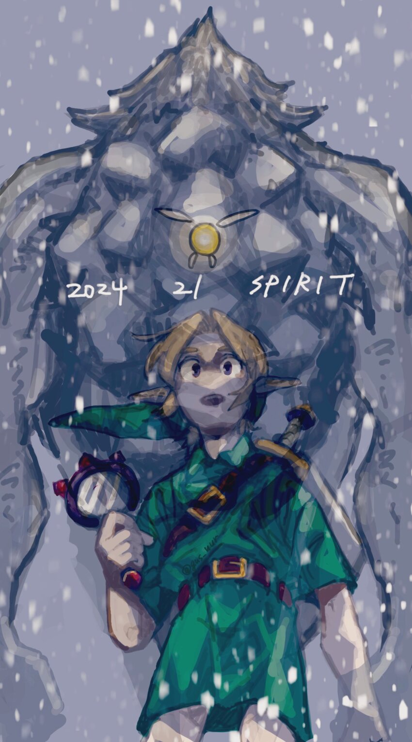 2024 2boys absurdres back-to-back belt blonde_hair darmani dated fairy ghost goron grey_background gus_uur hat highres lens_of_truth link multiple_boys nintendo open_mouth pointy_ears shield shield_on_back snow snowing sword tatl the_legend_of_zelda the_legend_of_zelda:_majora&#039;s_mask tunic weapon