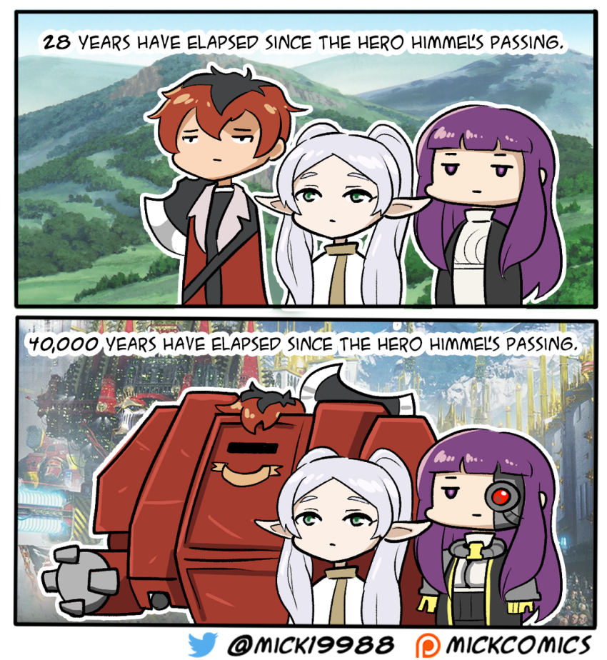 1boy 2girls artificial_eye axe battle_axe black_coat black_hair black_shirt coat commentary cut_bangs dreadnought_(warhammer_40k) dress elf english_commentary english_text fern_(sousou_no_frieren) frieren green_eyes grey_hair inquisition_(warhammer) long_hair long_pointy_ears mechabare mechanical_eye mick19988 multicolored_hair multiple_girls open_clothes open_coat parted_bangs patreon_username petite pointy_ears purple_eyes purple_hair red_coat red_hair shirt sidelocks skinnyelbows sousou_no_frieren stark_(sousou_no_frieren) straight_hair titan_(warhammer_40k) twintails twitter_username two-tone_hair warhammer_40k weapon weapon_on_back white_dress white_shirt