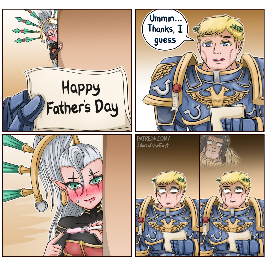 1girl 2boys 4koma angry black_hair blonde_hair comic eldar emperor_of_mankind english_text facial_mark father&#039;s_day highres holding holding_pregnancy_test idiot_of_the_east multiple_boys note pointing pointy_ears pregnancy_test roboute_guilliman speech_bubble spirit surprised warhammer_40k white_hair yvraine