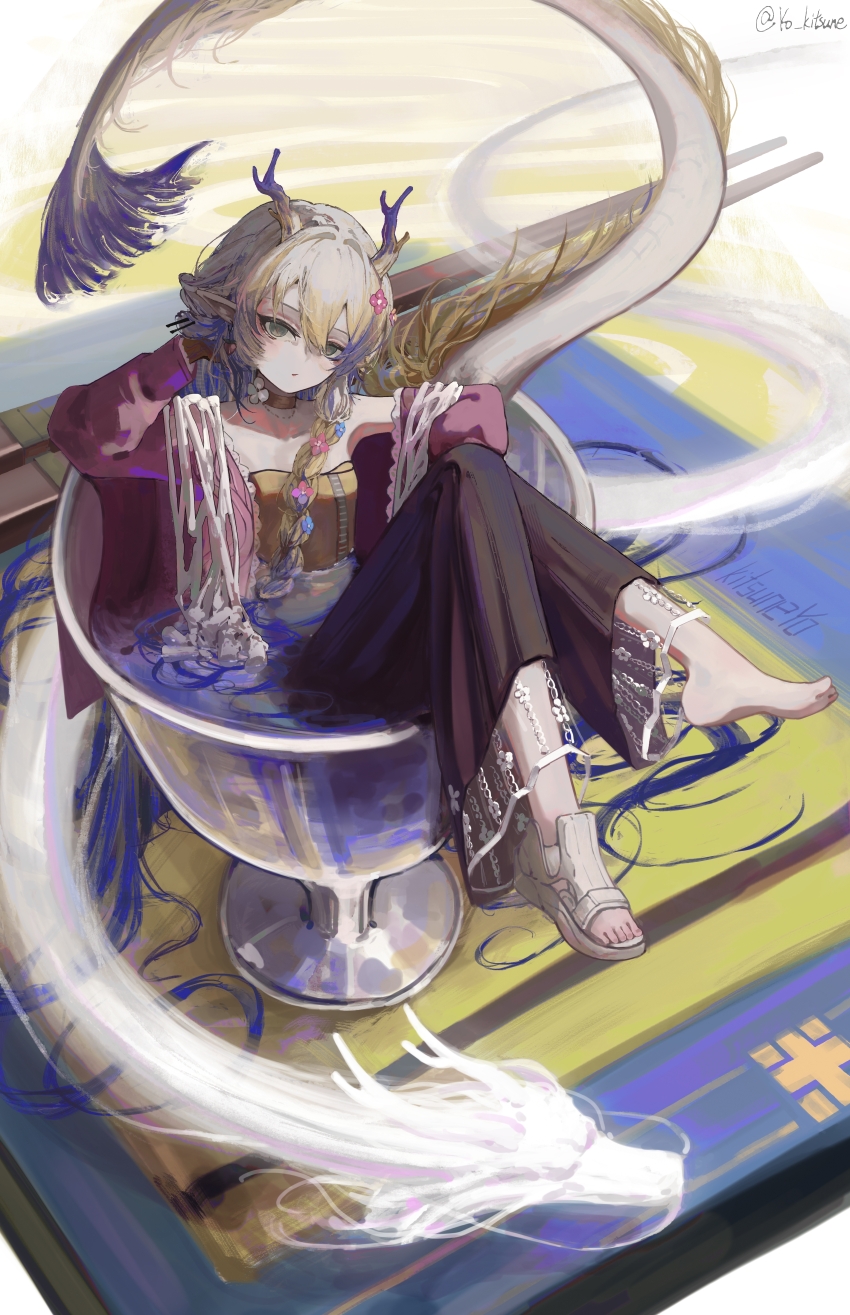 1girl absurdres arknights bare_shoulders blonde_hair braid chinese_commentary choker commentary_request cup dragon dragon_girl dragon_horns dragon_tail eastern_dragon feet flower green_eyes grey_hair grey_sandals hair_between_eyes hair_flower hair_ornament hand_in_own_hair highres horns kitsune_yo long_hair looking_at_viewer mini_person minigirl multicolored_hair official_alternate_costume parted_lips pointy_ears purple_hair sandals shu_(arknights) shu_(spring_feast)_(arknights) single_bare_foot single_sandal solo tail toes twitter_username yellow_choker