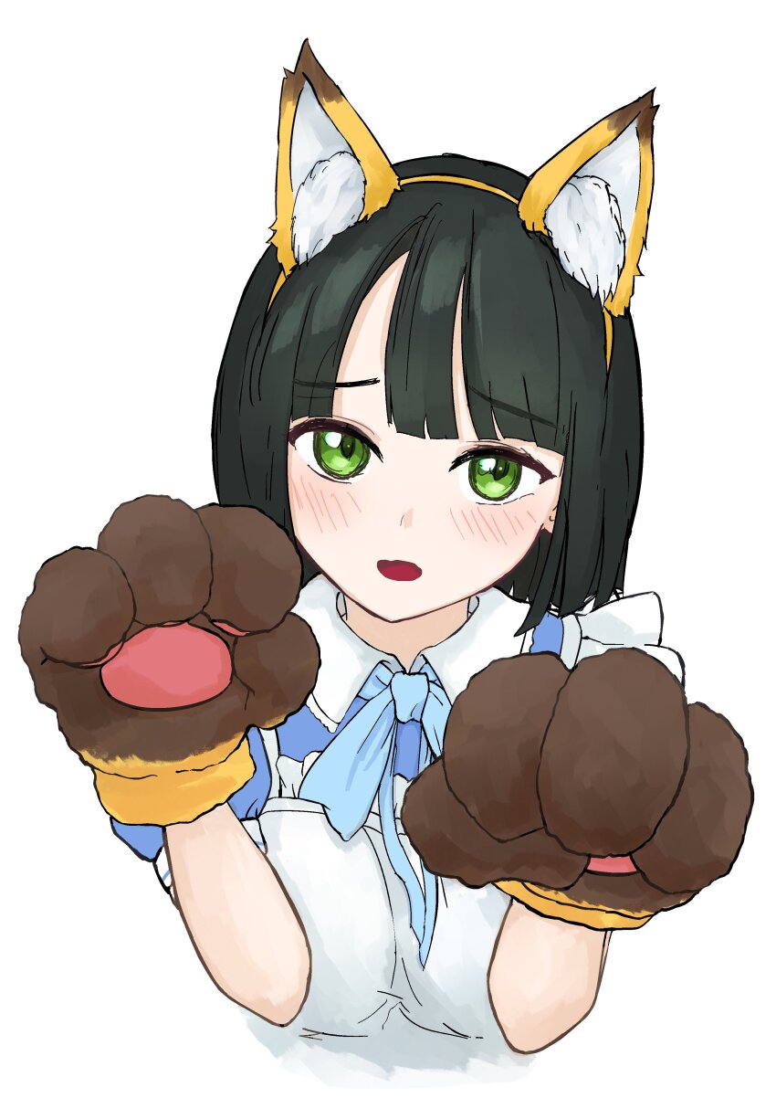 1girl absurdres animal_ear_fluff animal_ear_hairband animal_ears animal_hands black_hair blue_dress blue_ribbon blush breasts brown_gloves commentary_request cropped_torso dress embarrassed fake_animal_ears fox_ears gloves green_eyes hairband highres large_breasts link!_like!_love_live! looking_at_viewer love_live! maid medium_hair momose_ginko momose_ginko_(animal_cafe) neck_ribbon official_alternate_costume open_mouth paw_gloves puffy_short_sleeves puffy_sleeves raised_inner_eyebrows ribbon short_sleeves simadaburyu simple_background solo upper_body virtual_youtuber white_background