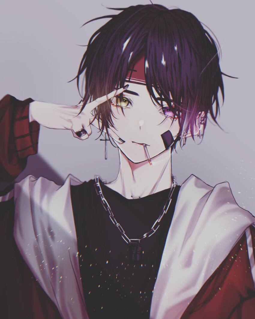 1boy bandaid bandaid_on_face black_nails black_shirt chain chain_necklace cigarette collarbone_piercing ear_piercing earrings eyelid_piercing face_piercing grey_background heterochromia highres hood hooded_jacket jacket jewelry male_focus necklace original parted_bangs parted_lips piercing pink_eyes purple_hair red_jacket ring shirt short_hair simple_background solo tobimarutobio9 yellow_eyes