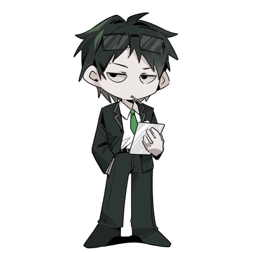 1boy absurdres belt black_coat black_eyes black_hair black_suit chibi chibi_only clipboard coat collared_shirt formal_clothes full_body green_necktie hand_in_pocket highres holding holding_clipboard limbus_company lollipop_in_mouth male_focus narrowed_eyes necktie project_moon samjo_(project_moon) shirt shirt_tucked_in standing suit white_background white_shirt wuruko