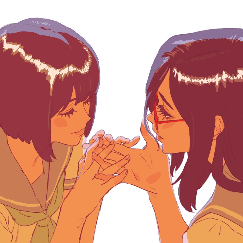 2girls 55bata6rou backlighting black_hair blue_sailor_collar closed_eyes closed_mouth eyelashes face-to-face from_side glasses green_neckerchief hands_up hibike!_euphonium highres holding_hands interlocked_fingers kitauji_high_school_uniform long_hair looking_at_another multiple_girls nakaseko_kaori neckerchief profile red-framed_eyewear sailor_collar school_uniform short_hair simple_background smile summer_uniform tanaka_asuka upper_body white_background