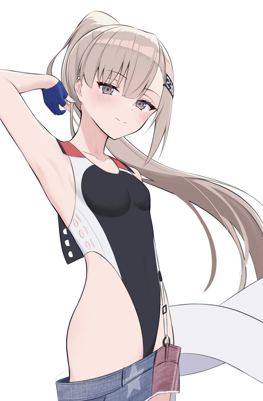 1girl absurdres alternate_hairstyle american_flag american_flag_print american_flag_skirt arm_up black_one-piece_swimsuit blue_gloves blush breasts competition_swimsuit denim denim_skirt flag_print gloves grey_eyes grey_hair hair_ornament highleg highleg_one-piece_swimsuit highres kantai_collection l_meet long_hair looking_at_viewer one-piece_swimsuit ponytail print_skirt scarf simple_background skirt small_breasts smile solo super_highleg swimsuit two-tone_one-piece_swimsuit wahoo_(kancolle) white_background white_scarf