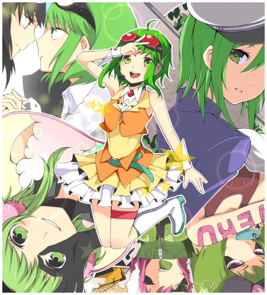1girl ahoge ama_no_jaku_(vocaloid) bad_id bad_pixiv_id boots female_focus goggles goggles_on_head green_eyes green_hair gumi happy_synthesizer_(vocaloid) headphones headset highres matching_hair/eyes mozaik_role_(vocaloid) panda_hero_(vocaloid) richard short_hair skirt smile solo songover vocaloid wrist_cuffs