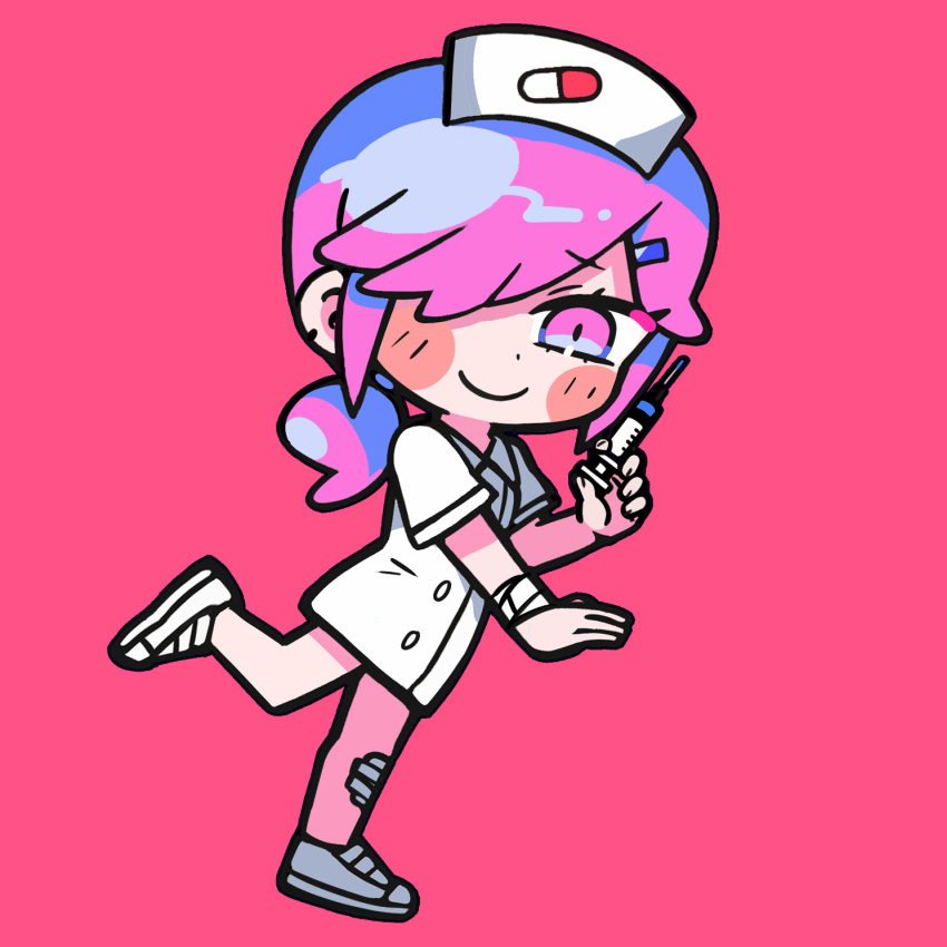1girl asymmetrical_bangs bandaged_wrist bandages bandaid bandaid_on_knee bandaid_on_leg blush_stickers buttons check_copyright closed_mouth collared_dress commentary_request copyright_request dress eyelashes full_body hair_ornament hair_over_one_eye hairclip hat highres holding holding_syringe leg_up long_hair looking_at_viewer low_ponytail nurse nurse_cap original pill_print pink_background pink_eyes pink_hair ponytail shoes short_dress short_sleeves simple_background smile sneakers solo syringe terada_tera white_dress white_hat white_shoes white_sleeves