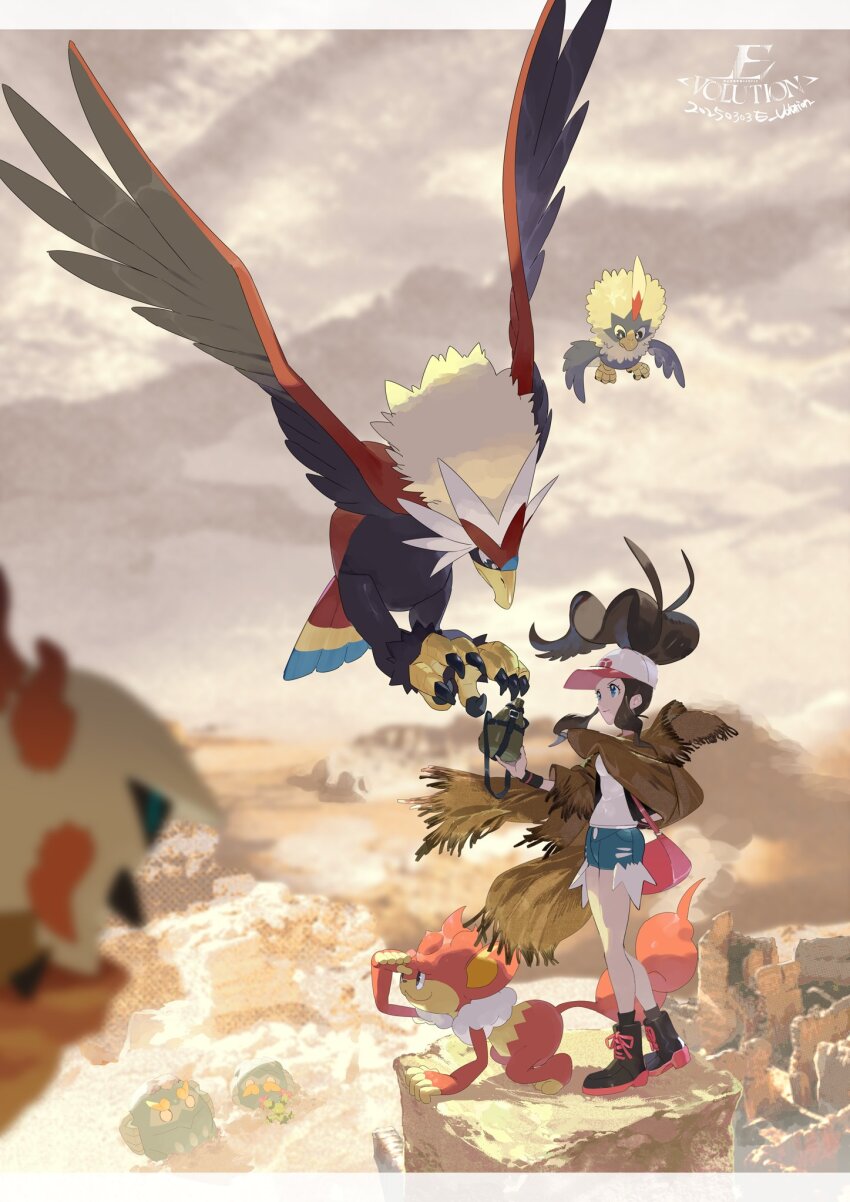 1girl antenna_hair bird black_boots black_vest blurry blurry_foreground boots braviary brown_hair darmanitan darmanitan_(zen) day e_volution exposed_pocket floating_hair gen_5_pokemon hat highres holding larvesta long_hair maractus nintendo open_clothes open_vest outdoors pink_bag pokemon pokemon_(creature) pokemon_bw rufflet shirt shorts sidelocks simisear standing vest white_hat white_shirt wristband