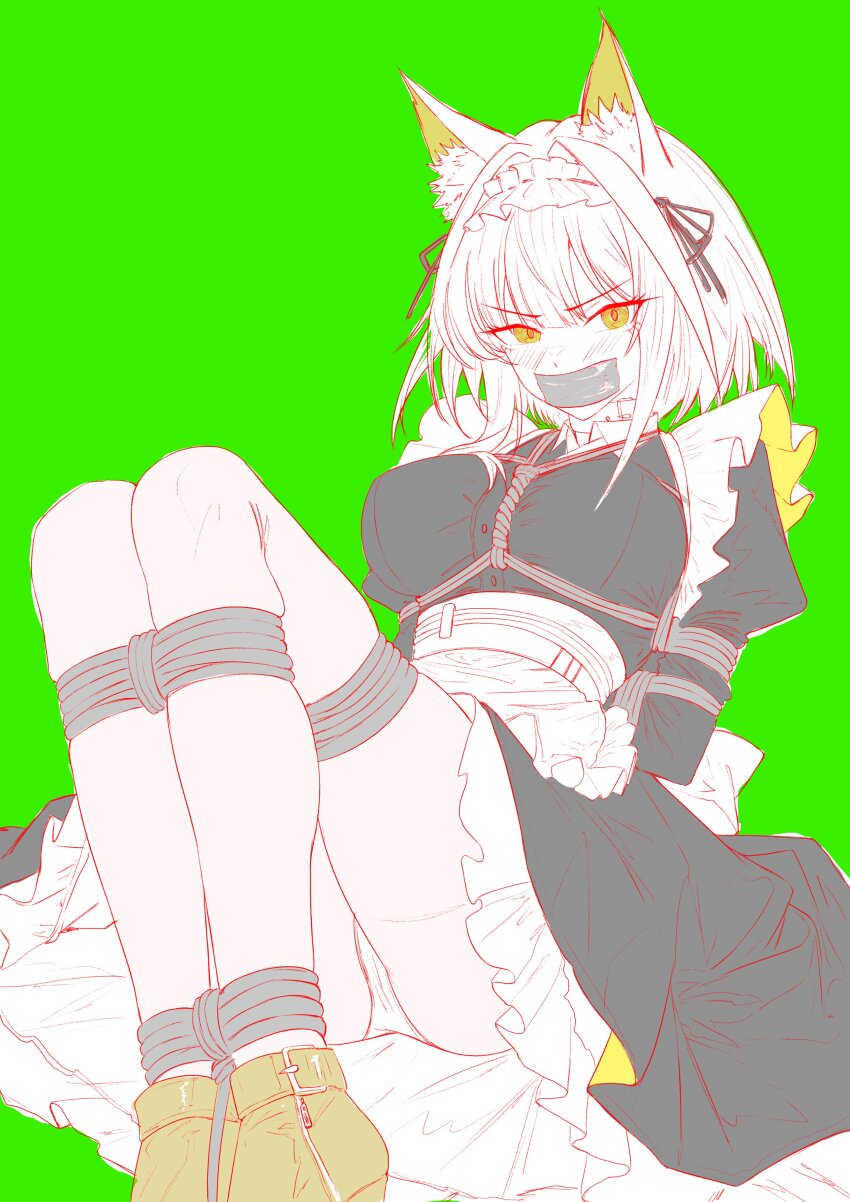 1girl absurdres angry animal_ear_fluff animal_ears apron arknights back_bow bdsm belt_collar between_breasts black_dress blush bondage boots bound bound_arms bow breasts breasts_apart cassava_sketch cat_ears collar collared_dress commentary dress flat_color frilled_apron frilled_dress frilled_headwear frills gag green_background green_boots green_eyes hair_intakes hair_ribbon highres improvised_gag juliet_sleeves kal&#039;tsit_(arknights) knees_up large_breasts long_sleeves looking_at_viewer maid_apron maid_day maid_headdress panties puffy_sleeves ribbon shibari short_hair simple_background sketch solo symbol-only_commentary tape tape_gag thighs underwear white_hair white_panties