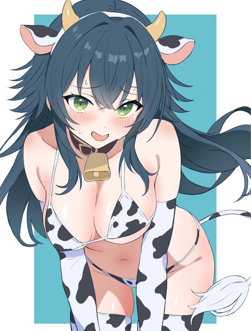 1girl animal_ears animal_print bare_shoulders bell bikini black_hair blue_background breasts collar collarbone cow_ears cow_horns cow_print cow_print_bikini cow_print_gloves cow_print_panties cow_print_thighhighs cow_tail cowbell cowboy_shot dot_nose fake_animal_ears gakuen_idolmaster gloves green_eyes green_hair groin hair_between_eyes hair_intakes highres horns idolmaster large_breasts leaning leaning_forward light_blush long_hair looking_at_viewer navel neck_bell ocha_(wnyf3738) open_mouth print_bikini print_gloves print_thighhighs shy simple_background solo stomach sweat sweatdrop swimsuit tail thick_thighs thighhighs thighs tsukimura_temari two-tone_background wavy_mouth white_background wide_hips