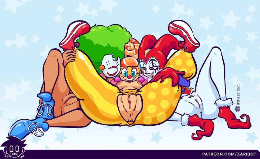 3girls afro anus arms_(game) artist_name ass baggy_pants blue_eyes bottomless breasts breasts_out castle_crashers chrono_cross clown clown_nose clown_princess colored_skin dark-skinned_female dark_skin earrings fat_mons gloves green_hair harle_(chrono_cross) hat highres jester_cap jewelry legs_up lola_pop mask medium_breasts multicolored_hair multiple_girls nintendo nipples pale_skin pants presenting pubic_hair pussy smile spread_legs thick_thighs thighs torn_clothes zaribot