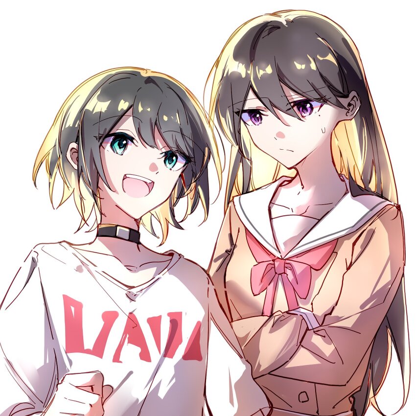 2girls aged_down bang_dream! bang_dream!_it&#039;s_mygo!!!!! black_choker black_hair blue_eyes bow bowtie choker crossed_arms hair_between_eyes hanasakigawa_school_uniform hibioes highres long_hair long_sleeves mole mole_under_eye multiple_girls open_mouth purple_eyes red_bow red_bowtie sailor_collar school_uniform shiina_taki shirt short_hair simple_background sweatdrop teeth time_paradox upper_teeth_only white_background white_sailor_collar white_shirt yahata_umiri