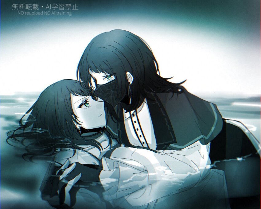 2girls asahi_rise bang_dream! bang_dream!_it&#039;s_mygo!!!!! blue_eyes blue_theme capelet chromatic_aberration closed_mouth commentary_request dual_persona eye_contact highres holding_hands interlocked_fingers looking_at_another medium_hair monochrome multiple_girls partially_submerged selfcest spot_color timoris_(bang_dream!) yahata_umiri