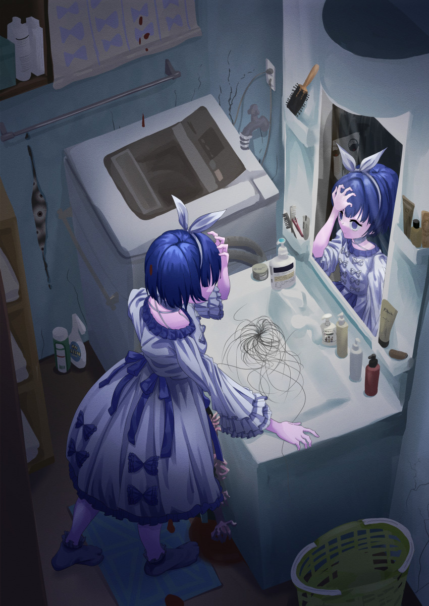 1girl absurdres ambiguous_red_liquid bathroom blue_hair blue_ribbon bow crack cracked_wall dishwasher dress electrical_outlet eyeball frilled_dress frills grey_socks hair_bow hair_brush highres horror_(theme) indie_utaite indoors looking_at_mirror mirror reflection ribbon rug short_hair sink soap_dispenser socks solo unnamed_girl_(x0o0x) user_heex7478 utaite white_bow white_dress x0o0x_(utaite)