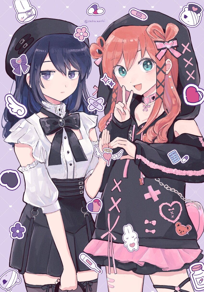 2girls :d bandages bandaid_on_thigh bear belt black_bow black_bowtie black_hair black_hat black_hood black_hoodie black_skirt black_sleeves black_thighhighs bow bowtie buttons chain choker commentary_request cowboy_shot detached_sleeves drawn_wings expressionless eyepatch flower green_eyes grid_background hair_between_eyes hair_down hair_ornament hair_ribbon hand_up hat heart heart_choker heart_hands_failure high-waist_skirt highres hood hood_up hoodie long_hair long_sleeves looking_at_viewer multiple_belts multiple_girls nail_polish nemoto_hina nuka_(nukamochi) o-ring official_alternate_costume official_alternate_hairstyle open_mouth pill pill_bottle pink_bag pink_choker pink_flower pink_hair pink_nails pink_ribbon pink_skirt puffy_short_sleeves puffy_sleeves purple_eyes purple_flower rabbit ribbon ringlets shirt short_sleeves skirt smile sparkle standing tamura_yuri thighhighs twitter_username v watashi_ga_motenai_no_wa_dou_kangaetemo_omaera_ga_warui! white_shirt white_sleeves x_hair_ornament