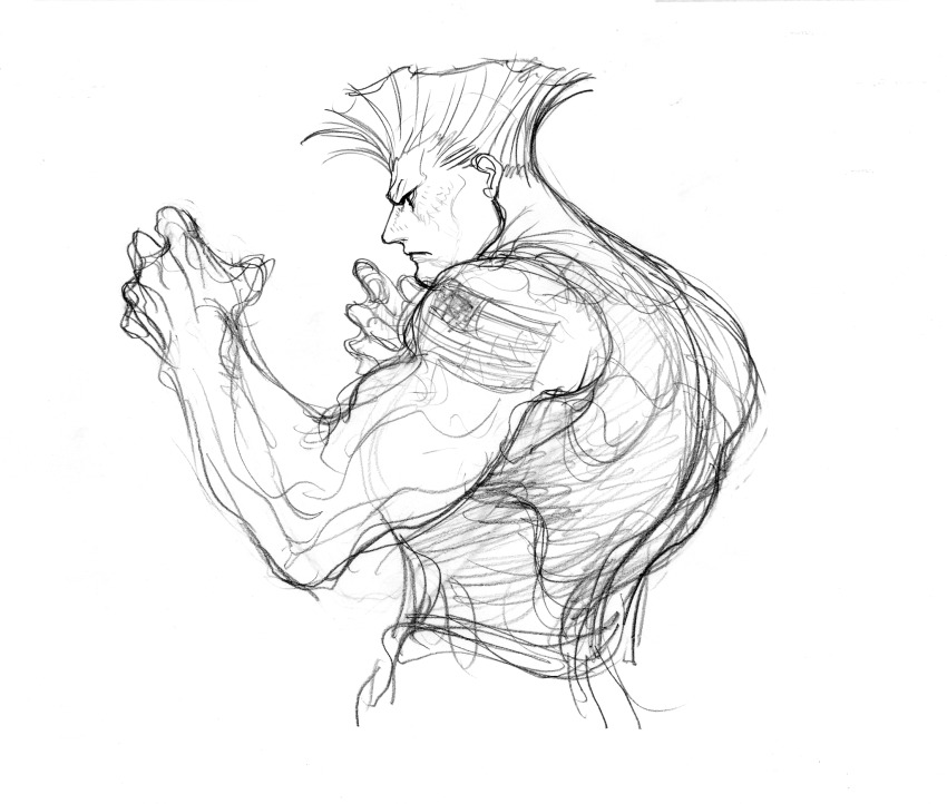 1boy american_flag american_flag_tattoo arm_tattoo bare_shoulders fighting_stance flattop from_side game_cg green_tank_top greyscale guile hands_up highres male_focus monochrome muscular muscular_male nishimura_kinu non-web_source official_art solo street_fighter street_fighter_ii_(series) tank_top tattoo
