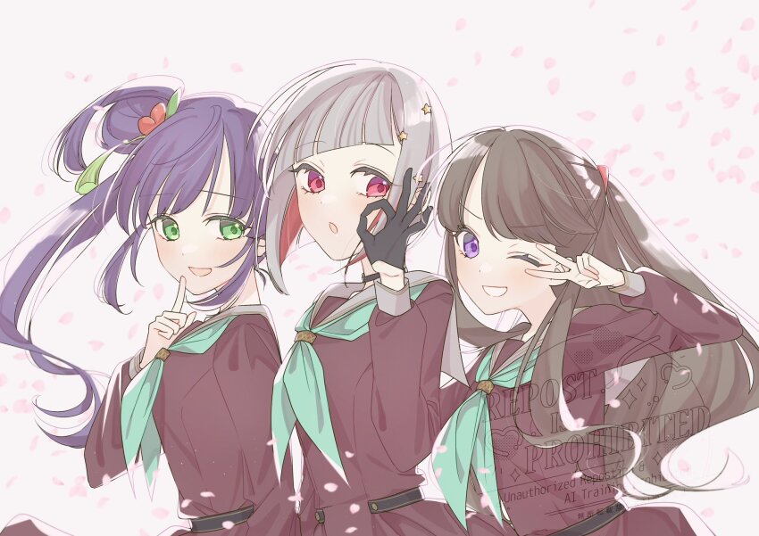 3girls :d :o ;d aqua_neckerchief black_choker black_gloves bob_cut brown_dress brown_hair choker colored_inner_hair commentary diagonal_bangs dress falling_petals flower fujishima_megumi gloves green_eyes grey_hair grin hair_bun hair_flower hair_ornament half_gloves hasu_no_sora_school_uniform highres index_finger_raised inverted_bob link!_like!_love_live! lone_nape_hair long_hair long_sleeves love_live! multicolored_hair multiple_girls neckerchief o-ring o-ring_choker ok_sign one_eye_closed open_mouth otomune_kozue petals pink_eyes purple_eyes purple_hair red_flower red_hair riko_(1017rikopinpon) sailor_collar sailor_dress school_uniform short_hair side_ponytail sidelocks single_side_bun smile star_(symbol) star_hair_ornament streaked_hair tassel tassel_hair_ornament two_side_up upper_body v v-shaped_eyebrows v_over_eye virtual_youtuber watermark white_background white_sailor_collar winter_uniform yugiri_tsuzuri