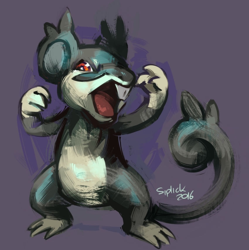 alolan_form alolan_rattata artist_name commentary gen_7_pokemon highres mouse_(animal) nintendo no_humans open_mouth pokemon pokemon_(creature) purple_background red_eyes siplick solo tail teeth