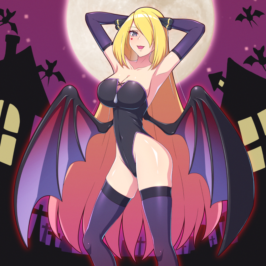 1girl arms_up black_gloves black_leotard blonde_hair breasts commentary_request covered_navel cynthia_(pokemon) demon_girl demon_wings elbow_gloves full_moon gen_1_pokemon gloves hair_over_one_eye halloween large_breasts leotard long_hair looking_at_viewer madoka_(user_zrnk8278) moon night night_sky nintendo open_mouth partial_commentary pokemon pokemon_dppt purple_sky sky solo thighhighs very_long_hair wings zubat