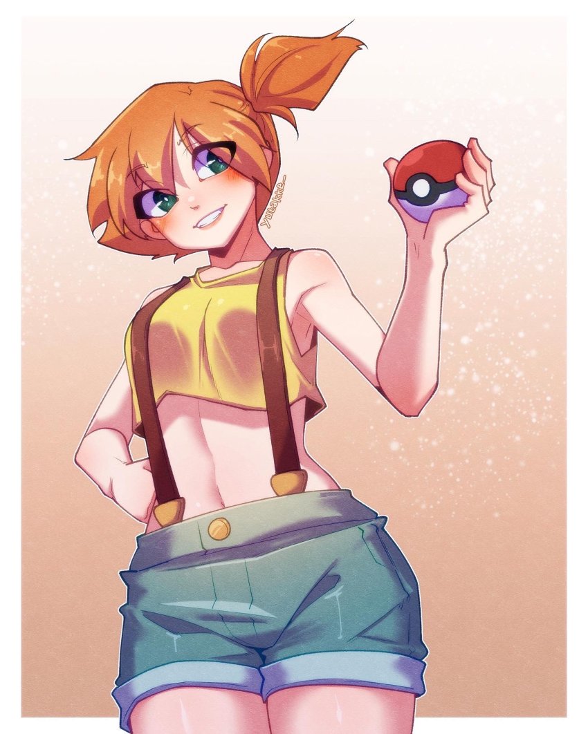 1girl asymmetrical_hair blue_eyes blush breasts cleavage creatures_(company) denim denim_shorts game_freak gym_leader highres holding misty_(pokemon) navel nintendo orange_hair poke_ball pokemon pokemon_(anime) pokemon_(classic_anime) ponytail shorts side_ponytail simple_background solo suspenders yutakke