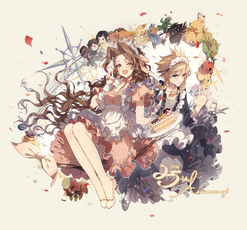 1boy 1girl aerith_gainsborough aerith_gainsborough_(cheap_pink_dress) alternate_costume apron barret_wallace blue_eyes bomb_(final_fantasy) bow braid brown_hair buster_sword cake chocobo cloud_strife confetti crossdressing dress fang fat_chocobo final_fantasy final_fantasy_vii final_fantasy_vii_remake food frilled_dress frills green_eyes grey_dress hair_between_eyes hair_bow high_heels highres kieta long_hair maid_apron maid_headdress moogle open_mouth parted_bangs pink_dress plate red_xiii ribbon sabotender sephiroth speech_bubble spiked_hair square_enix stuffed_toy tifa_lockhart tonberry twin_braids v wall_market wavy_hair yuffie_kisaragi