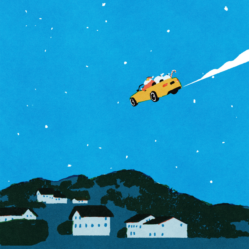 1boy beard candy candy_cane christmas driving facial_hair food hat highres hill house iida_kento midair night old old_man original outdoors red_hat red_robe robe santa_claus santa_hat sky solo star_(sky) starry_sky