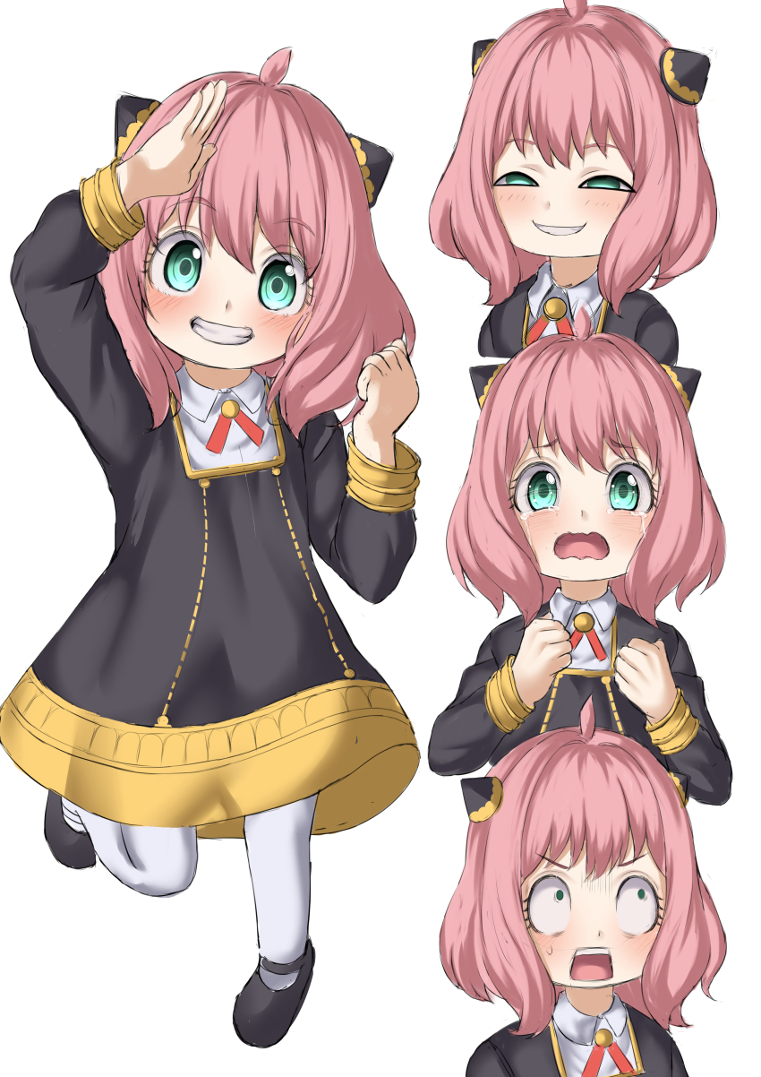 1girl absurdres anya&#039;s_heh_face_(meme) anya_(spy_x_family) black_dress black_shoes child commentary_request crying crying_with_eyes_open dress eden_academy_school_uniform gold_trim green_eyes grin hairpods hand_up highres long_sleeves looking_at_viewer meme multiple_views open_mouth parapetto pink_hair salute school_uniform shoes short_hair simple_background smile socks spy_x_family tears teeth upper_teeth_only white_background white_socks