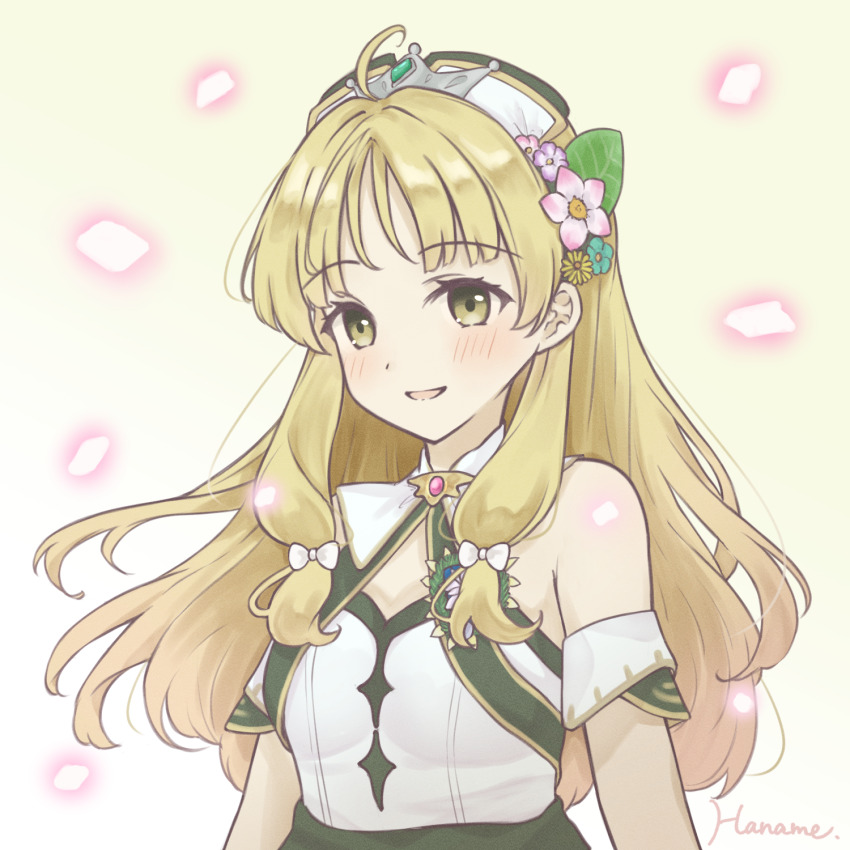 1girl :d ahoge artist_name atelier_(series) atelier_ayesha atelier_resleriana ayesha_altugle ayesha_altugle_(noble_flower) bare_shoulders blonde_hair brown_eyes flower glowing hair_flower hair_ornament hanachocolate30 hat highres long_hair looking_at_viewer official_alternate_costume open_mouth petals pink_flower purple_flower smile solo upper_body white_background white_hat