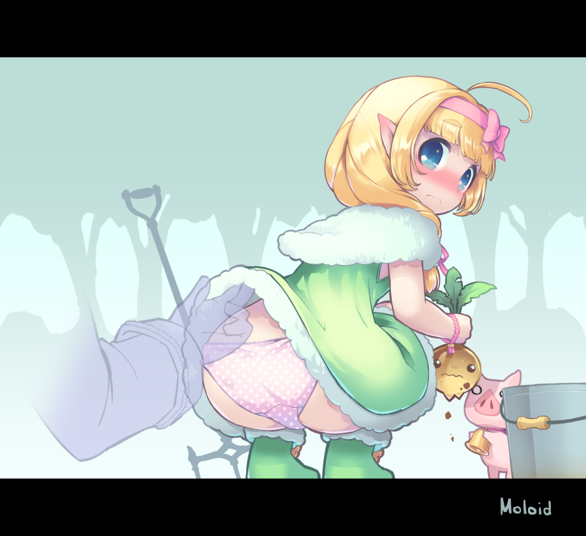 1girl ahoge blonde_hair blue_eyes blush boots bucket fam_valhoef food forest hair_ribbon highres holding holding_food iris_mysteria! looking_back moroheiya_(takushiage) nature nose_blush panties pet pig pink_panties pink_ribbon pointy_ears polka_dot polka_dot_panties ribbon skirt skirt_flip squatting underwear
