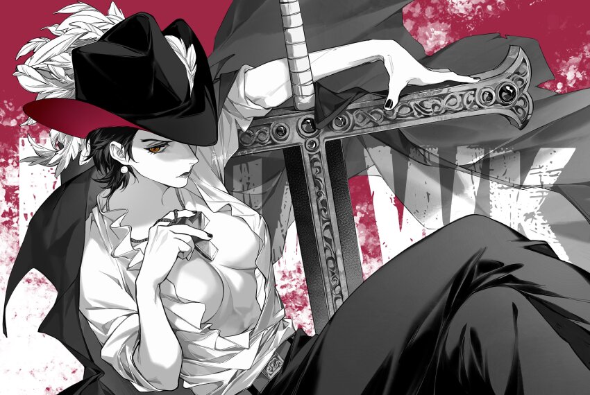 1girl absurdres breasts cape character_name cleavage closed_mouth commentary_request crossed_legs dracule_mihawk genderswap genderswap_(mtf) hat_feather highres jewelry looking_at_viewer necklace one_piece partially_colored short_hair sitting solo sword weapon xuchuan