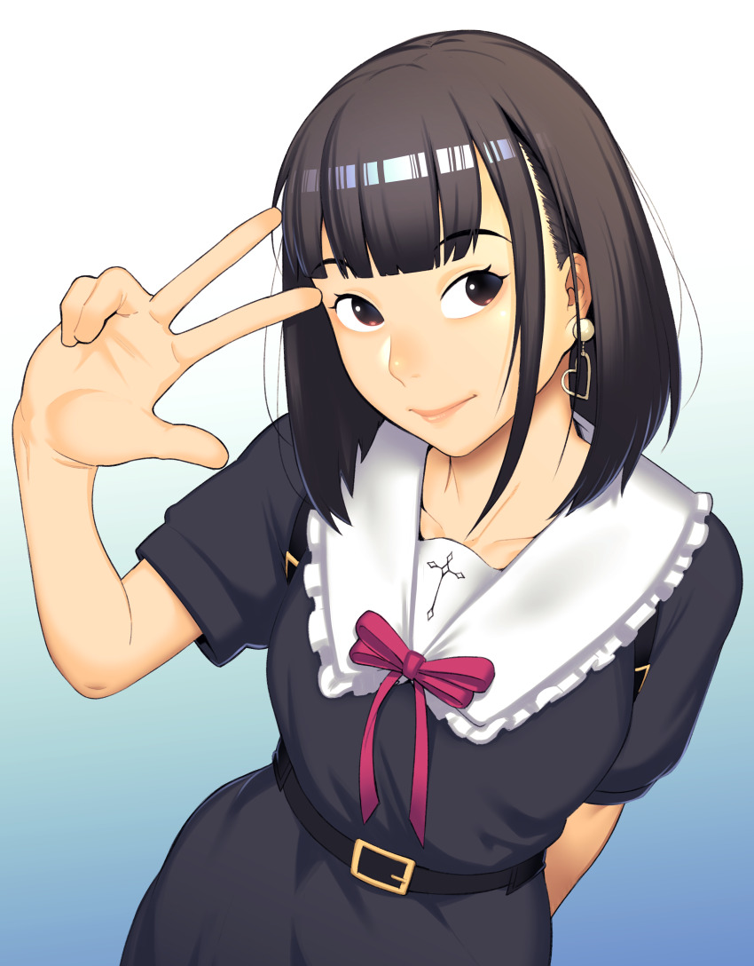 1girl absurdres black_dress black_hair blue_background bob_cut closed_mouth dress dyun earrings gradient_background heart heart_earrings highres jewelry looking_at_viewer medium_hair original pink_ribbon ribbon short_sleeves smile solo w