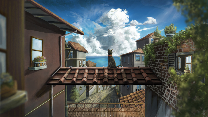 absurdres black_cat brick_wall building cat cloud cobblestone day flower_box highres making-of_available no_humans ocean original outdoors plant potted_plant rooftop scenery summer window