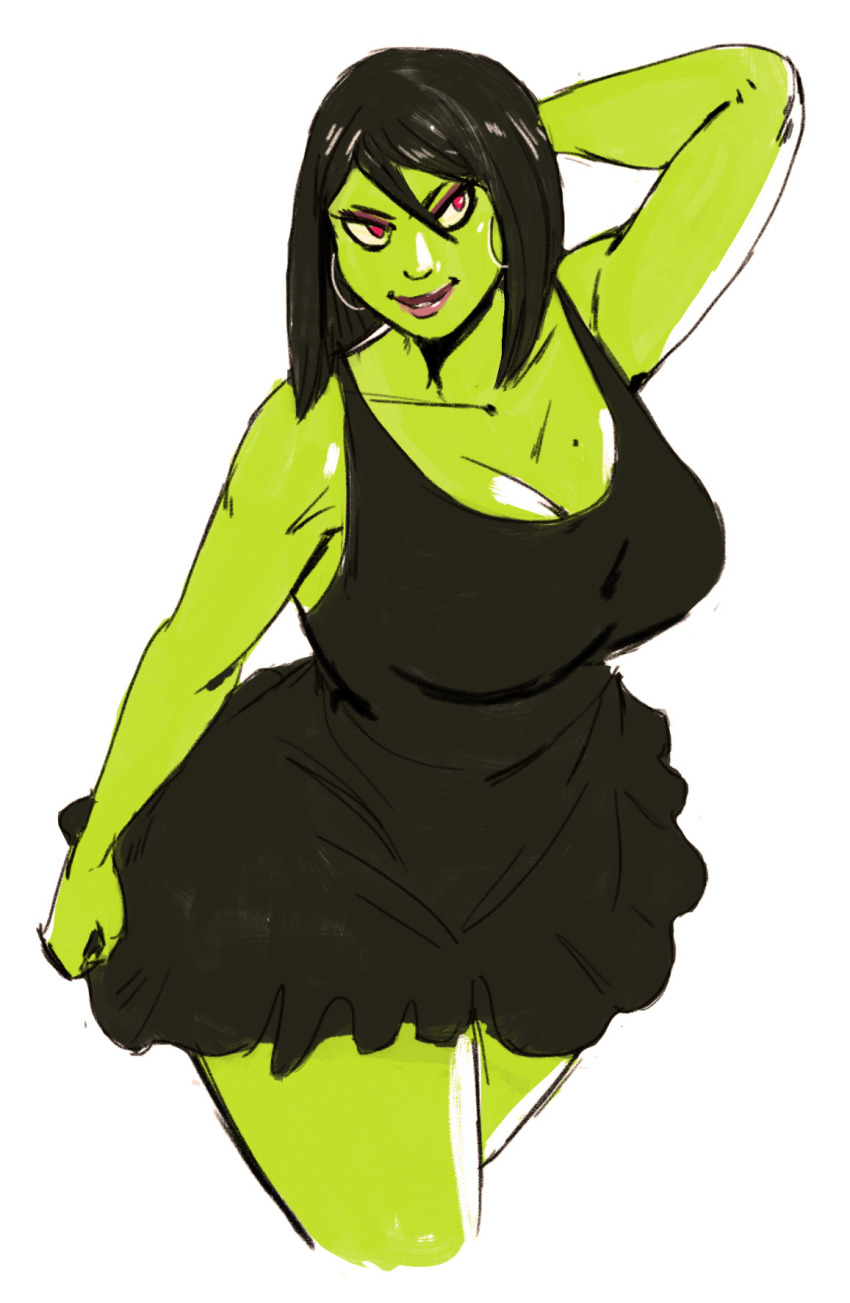 1girl banjo-kazooie black_hair breasts cleavage colored_skin cowboy_shot dress earrings eyeshadow green_skin gruntilda_winkybunion highres jewelry large_breasts makeup purple_lips red_eyes redblacktac short_hair skirt smile solo thick_thighs thighs white_background wide_hips