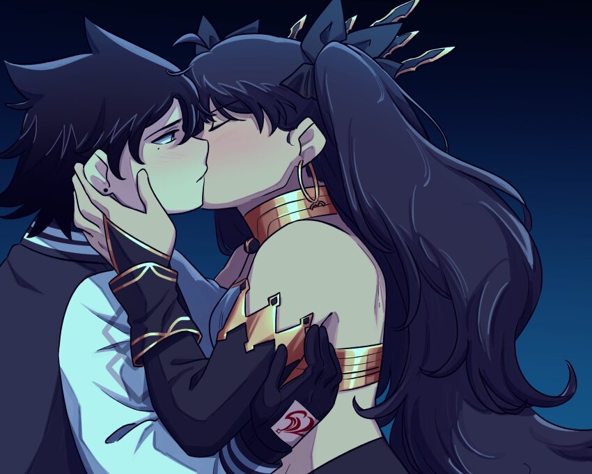 2girls androgynous arm_up black_bridal_gauntlets black_gloves black_hair black_ribbon bridal_gauntlets closed_eyes clothing_cutout command_spell crown detached_collar earrings fate/grand_order fate_(series) furrowed_brow glove_cutout gloves gold gold_bra gold_collar gold_earrings gradient_background hand_on_another&#039;s_arm hand_on_another&#039;s_face highres hoop_earrings ishtar_(fate) jacket jewelry kiss kissing_cheek letterman_jacket long_hair looking_at_another mole mole_under_eye multicolored_tiara multiple_girls oc_x_canon original ribbon spiked_hair stud_earrings twintails two_side_up vincent-san yuri