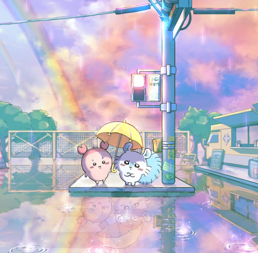 :3 absurdres animal_ears black_eyes chiikawa closed_mouth cloud cloudy_sky commentary crab_claw fence food_truck furuhonya highres holding holding_umbrella momonga_(chiikawa) moromi_(kscd4482) no_humans open_mouth rain rainbow reflection reflective_water scenery sky symbol-only_commentary tail tree umbrella utility_pole v-shaped_eyebrows yellow_umbrella