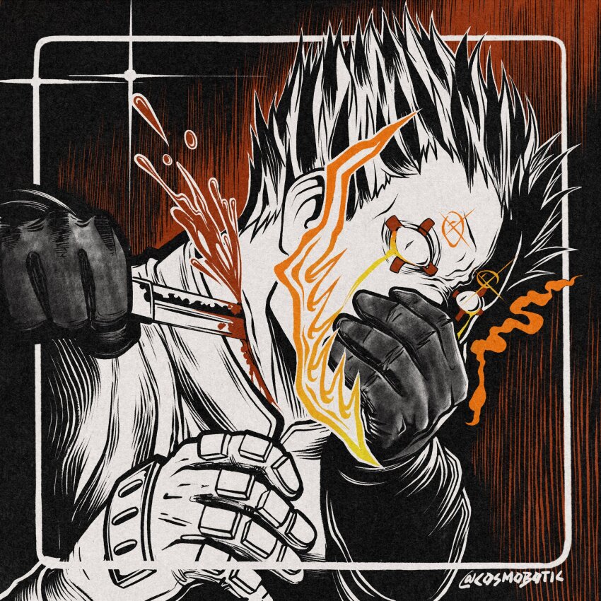 1boy blood bloody_knife covering_own_mouth csmbtc dorohedoro facial_mark fire furrowed_brow gloves highres imminent_death knife male_focus red_background risu_(dorohedoro) short_hair solo_focus stab twitter_username violence