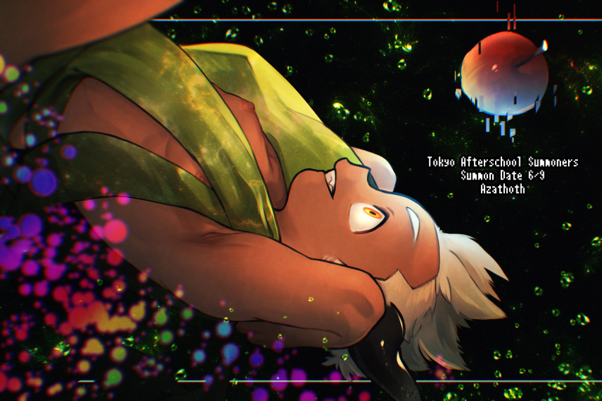 1boy apple armpit_crease arms_up azathoth_(housamo) black_background black_horns bubble character_name commentary_request copyright_name dark-skinned_male dark_skin dated demon_horns food fruit glitch grin highres horns male_focus mid_(mid_skb) pectorals short_hair sideburns smile solo tokyo_houkago_summoners upper_body white_hair yellow_eyes