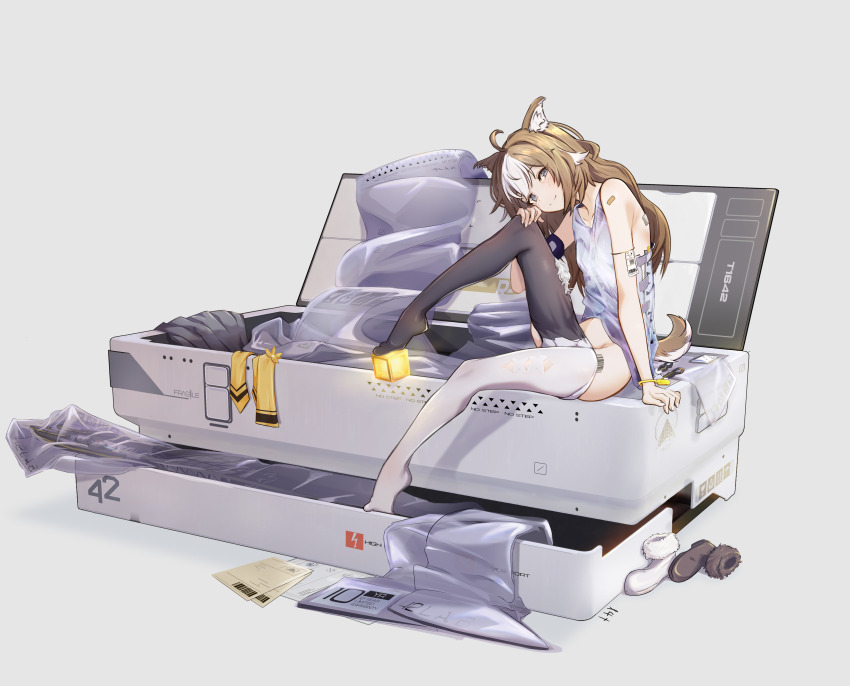 1girl absurdres animal_ears asymmetrical_pants bandaid bandaid_on_shoulder bare_shoulders black_skirt blue_eyes blush breasts brown_hair camisole clothes_pull commentary_request cube from_side full_body girls&#039;_frontline girls&#039;_frontline_neural_cloud groin hand_on_own_knee hannah_(neural_cloud) highres knee_up leaning_forward looking_at_viewer lotan multicolored_hair necktie pants pants_pull pleated_skirt skirt small_breasts smile solo tail two-tone_hair unworn_skirt waking_up white_camisole white_hair yellow_necktie